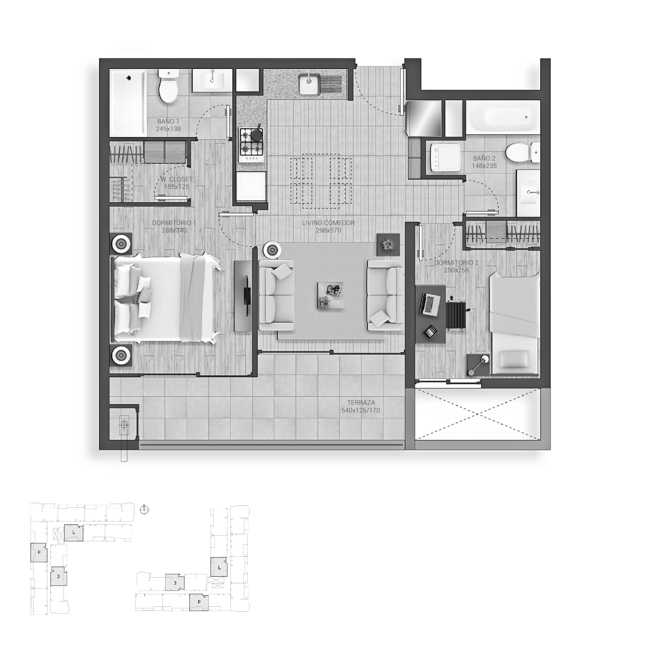 Planta 2D + 2B Cocina Abierta / Plaza La Florida - Socovesa